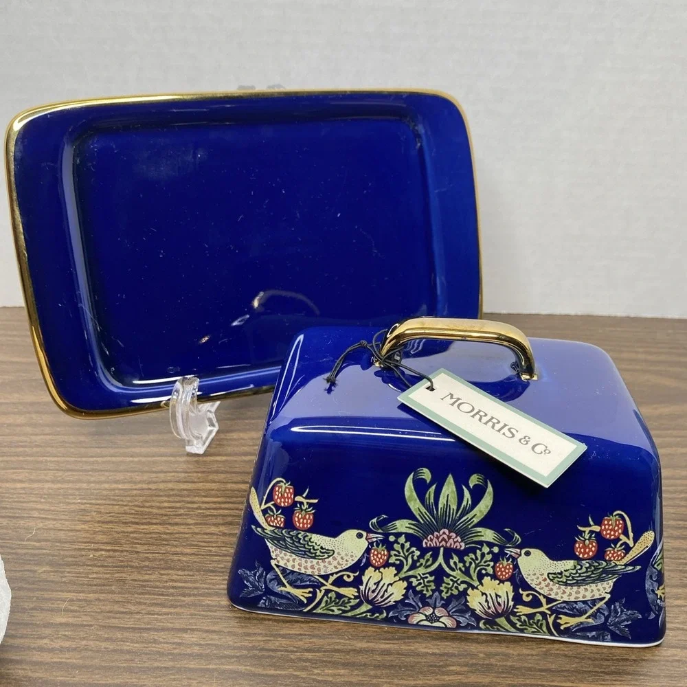 NWT William Morris & Co Strawberry Thief Butter Dish Blue with Gold Trim